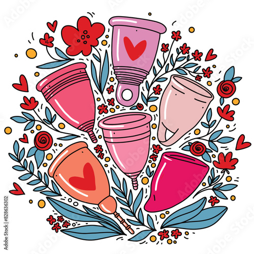Menstrual cups with flowers and leaves. Vector illustration (ID: 828636302)