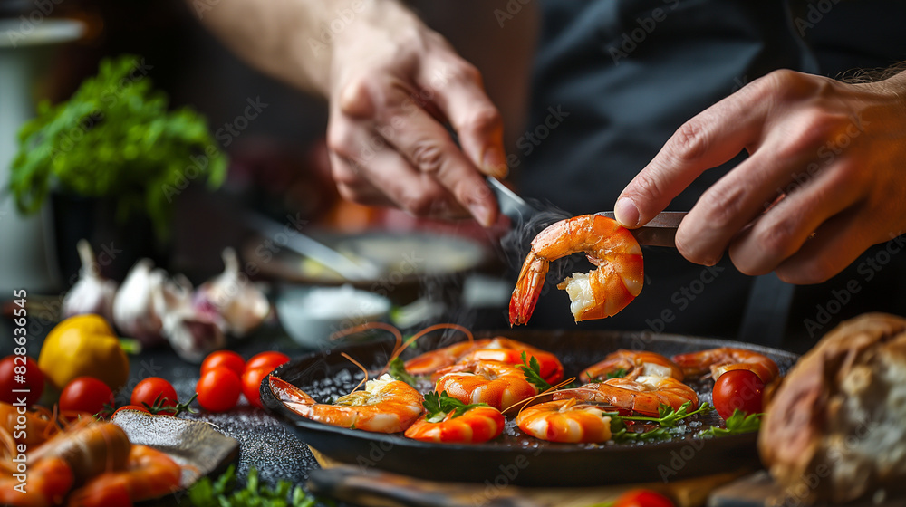 The dynamic motion of a chef flipping shrimp in a pan, highlighting culinary technique and fresh ingredients