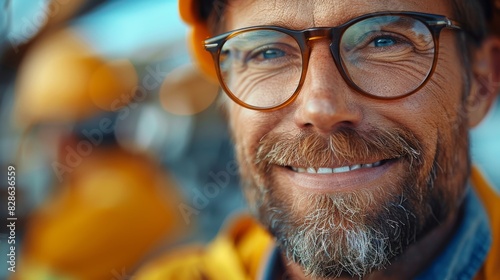 Middle-aged bearded construction worker in yellow safety gear and glasses smiling warmly
