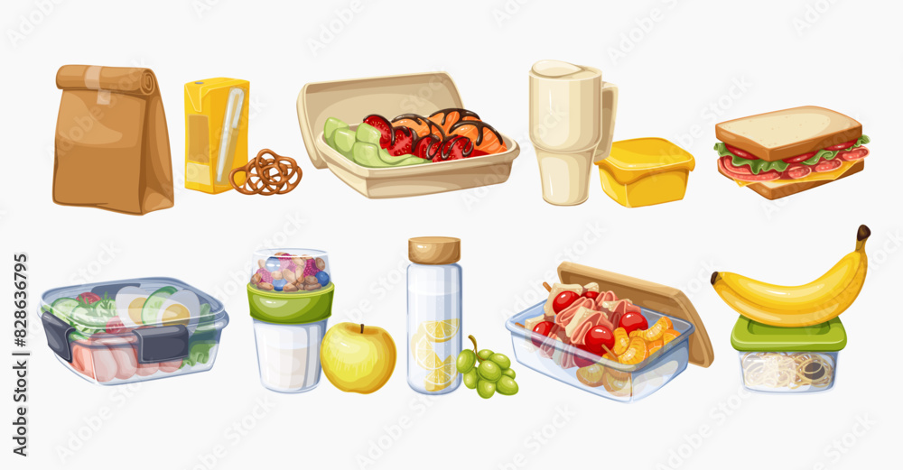 Boxes and packages with food for kids lunch time, cartoon lunchbox set. Plastic and glass containers with takeaway meals, cartoon collection of snacks for lunch school break vector illustration Boxes and packages with food for kids lunch time, cartoon lunchbox set. Plastic and glass containers with takeaway meals, cartoon collection of snacks for lunch school break vector illustration