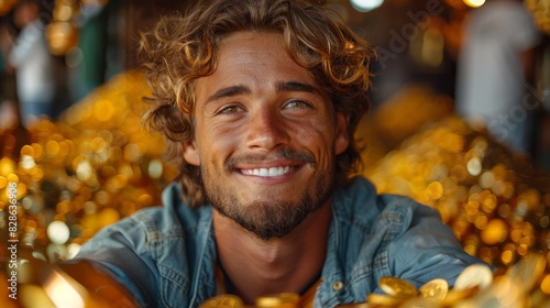 An enticing image of a happy man with a denim shirt amidst a plethora of golden coins, symbolizing wealth photo