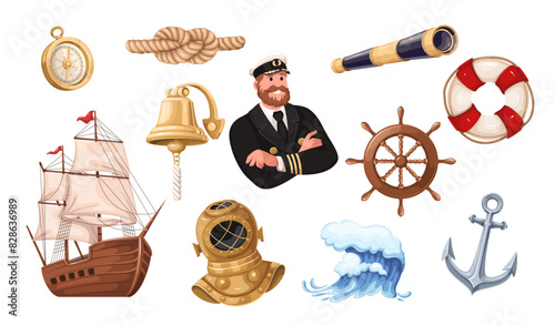 Cartoon sea elements set, old nautical equipment of ship and characters. Vintage wheel and telescope of captain, anchor and divers helmet, lifebuoy and wave in cartoon collection vector illustration