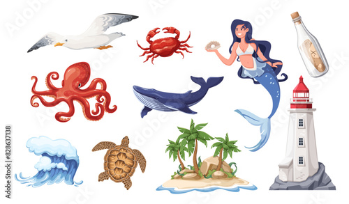 Cartoon sea elements set, marine animals and characters. Lighthouse and bottle with treasure map, island with palm trees and wave, mermaid and whale, turtle in cartoon collection vector illustration