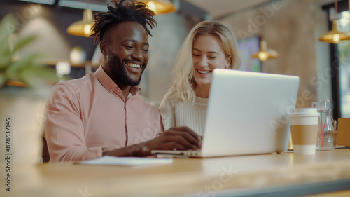 Black businessman and Caucasian woman discuss work over a laptop in a bright modern café.