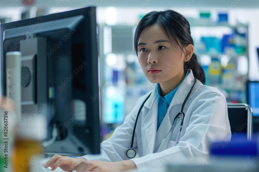 Portrait of Asian Female Doctor Using Desktop Computer in Laboratory Portrait of Asian Female Doctor Using Desktop Computer in Laboratory