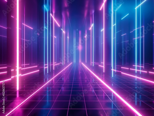 A vibrant corridor with pink and blue neon lights, creating a futuristic and immersive atmosphere.