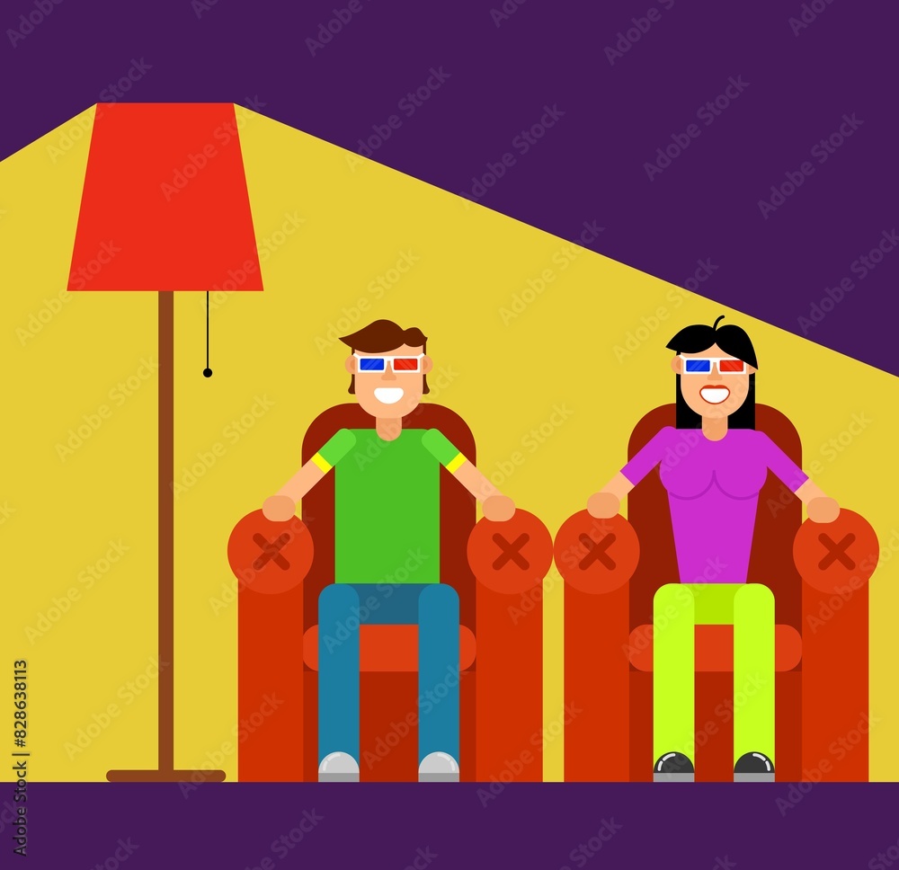 Guy and Girl Watching 3d Movie at Home. Entertainment and leisure time concept vector Guy and Girl Watching 3d Movie at Home. Entertainment and leisure time concept vector