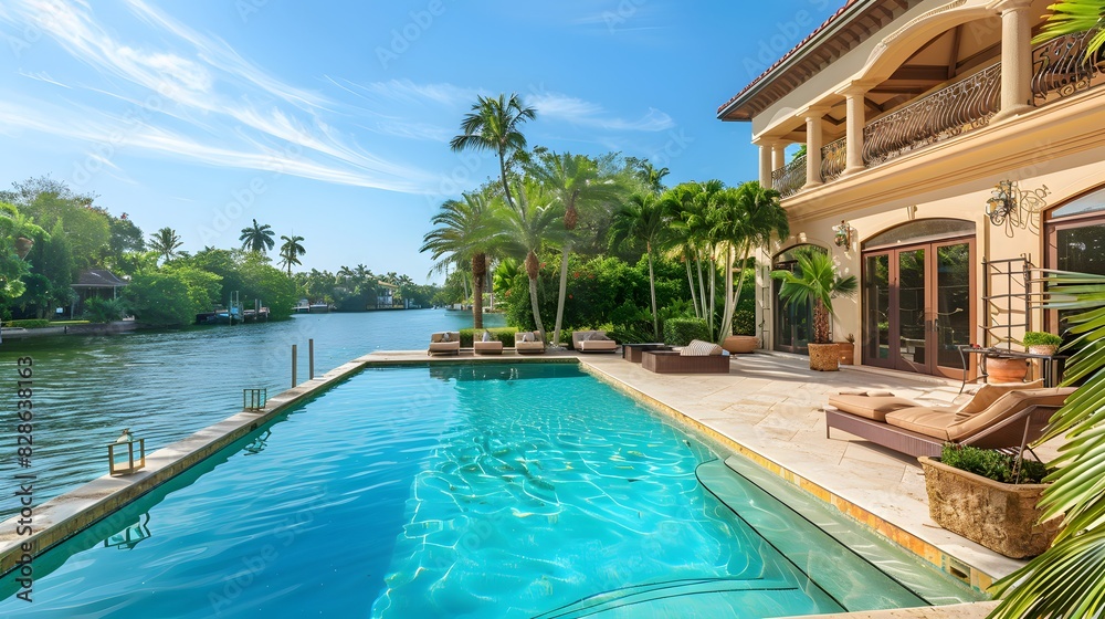 Fototapeta premium A beautiful home in Miami, FL with an elegant pool and palm trees. The house has large windows overlooking the waterway and is surrounded by lush greenery.