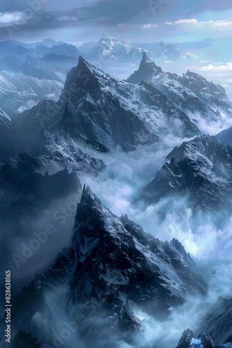 Snow-dusted mountains with jagged peaks climbing through mist and clouds, conveying a cold, dramatic scene
