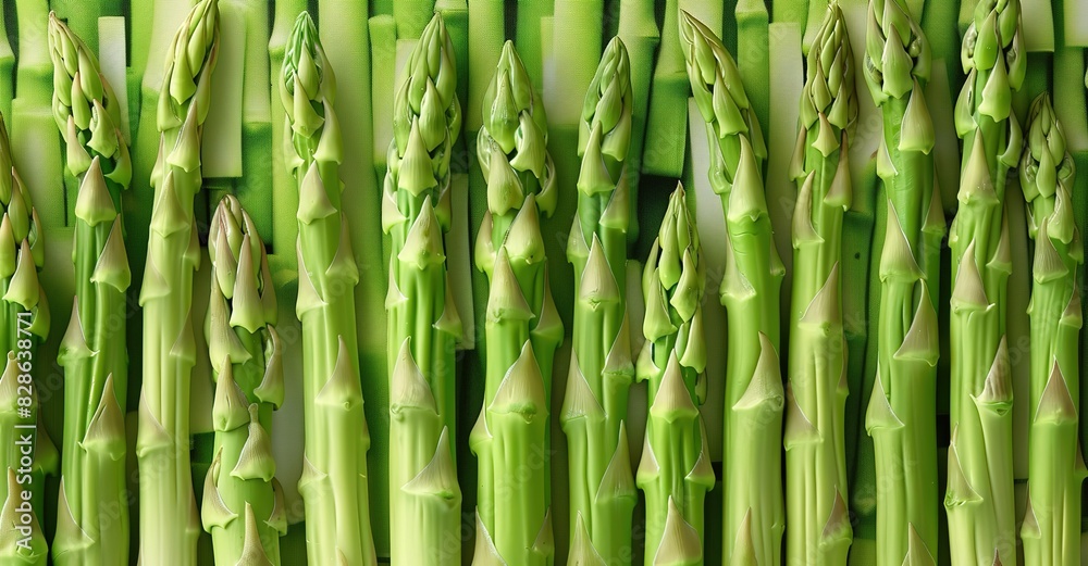 Fototapeta premium Rows of piles of fresh green asparagus 