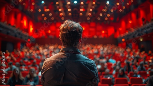 Rear view of an individual looking at a crowd in a red seated theater © familymedia