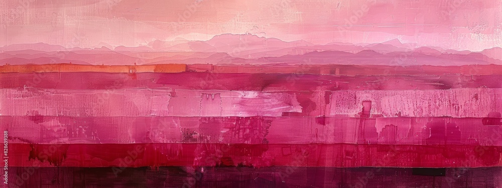 An abstract painting with layers of neat lines in varying shades of pink.