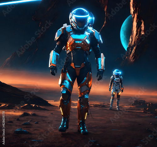 Blue lightning costume two astronaut land on orange planet Mars, dark mysterious sky, cosmonaut walking for science research