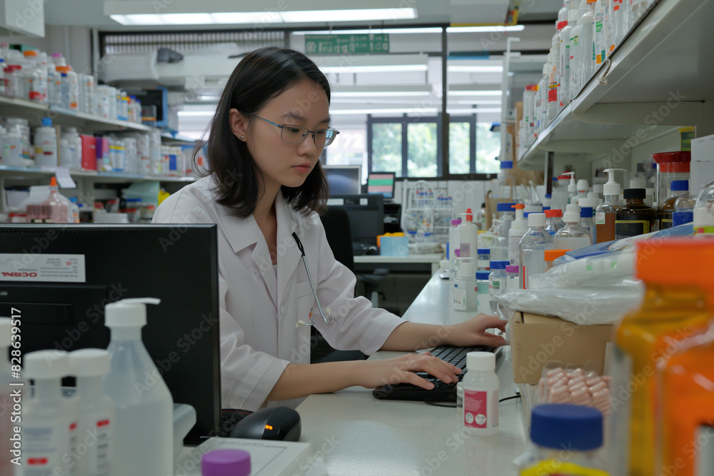 Female Pharmacist Working on a Computer in a Pharmacy