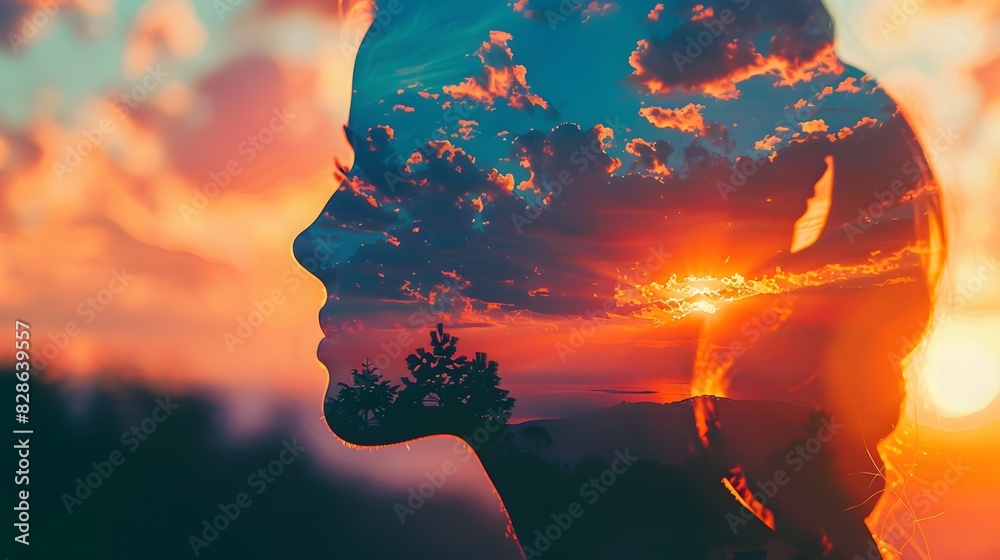 A woman's profile is superimposed with a vibrant sunset, creating a surreal and dreamlike image.