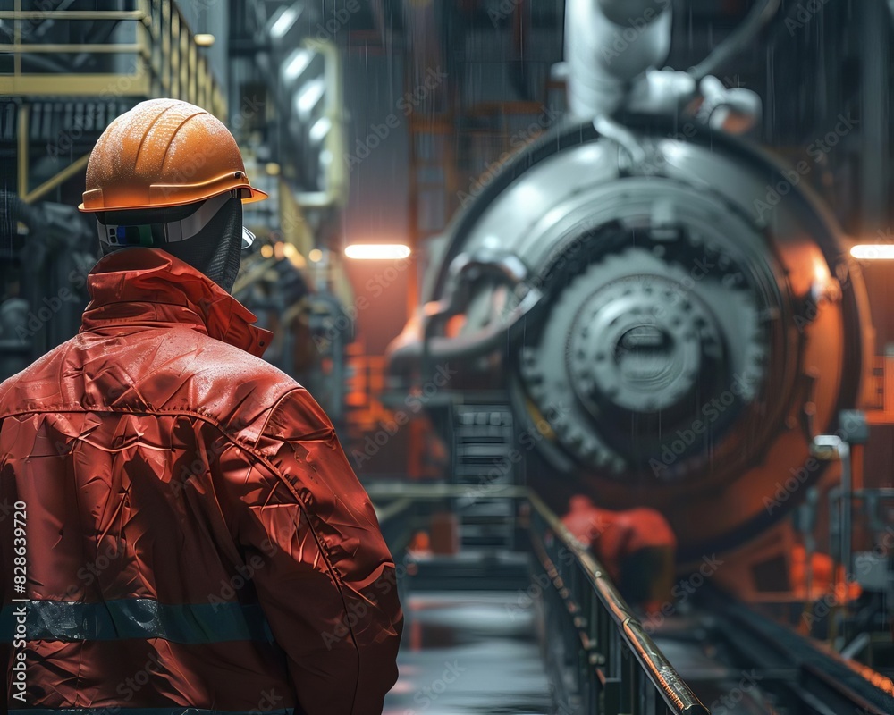 Engineer in safety gear inspects machinery in a modern industrial facility, focusing on large mechanical equipment and maintenance operations.