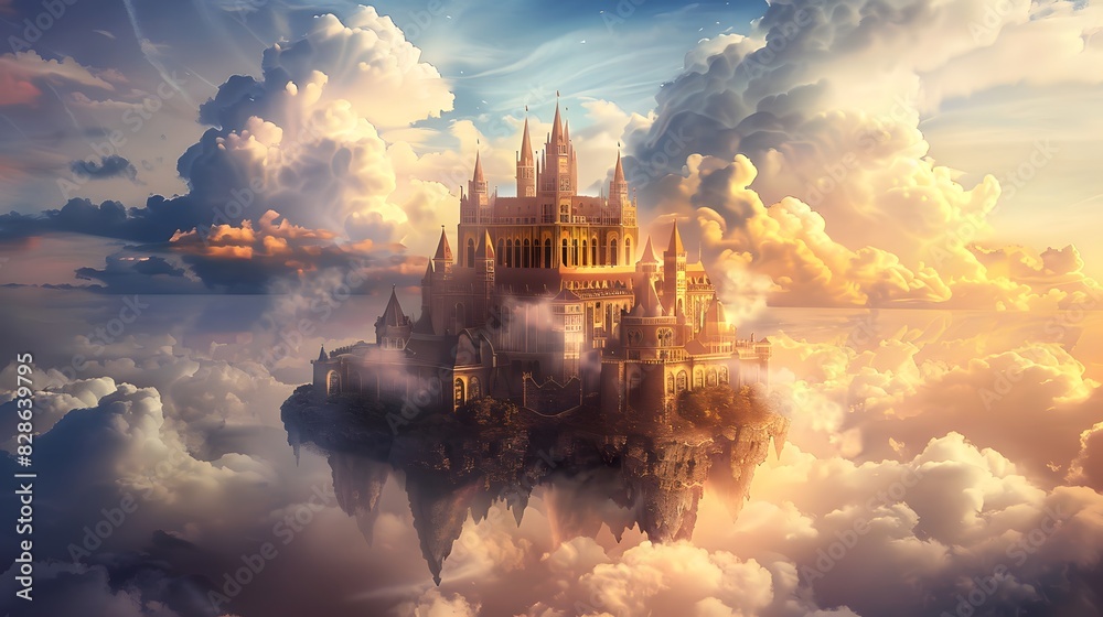 Fototapeta premium A majestic castle floats amidst fluffy clouds in a dreamlike, ethereal setting.