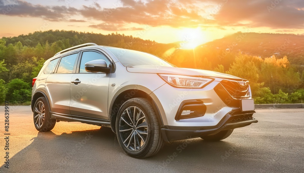 A silver car standing in the parking lot. The sun reflects off the bodywork. SUV, crossover. A silver car standing in the parking lot. The sun reflects off the bodywork. SUV, crossover.