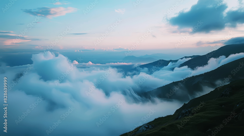 Dawn breaks over cloud-covered mountains, creating a calm and tranquil atmosphere under a serene sky