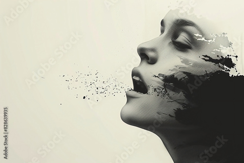 Woman's face with mouth open, head tilted back hair flowing in the wind, background is white,  black ink splashes double exposure technique, eerie atmosphere, emphasizing both beauty and decay