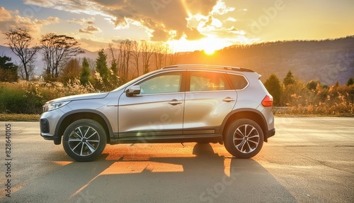 A silver car standing in the parking lot. The sun reflects off the bodywork. SUV  crossover.