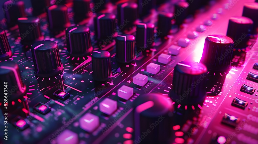 A closeup of the audio console, with vibrant pink and red lights reflecting off its surface. A closeup of the audio console, with vibrant pink and red lights reflecting off its surface.