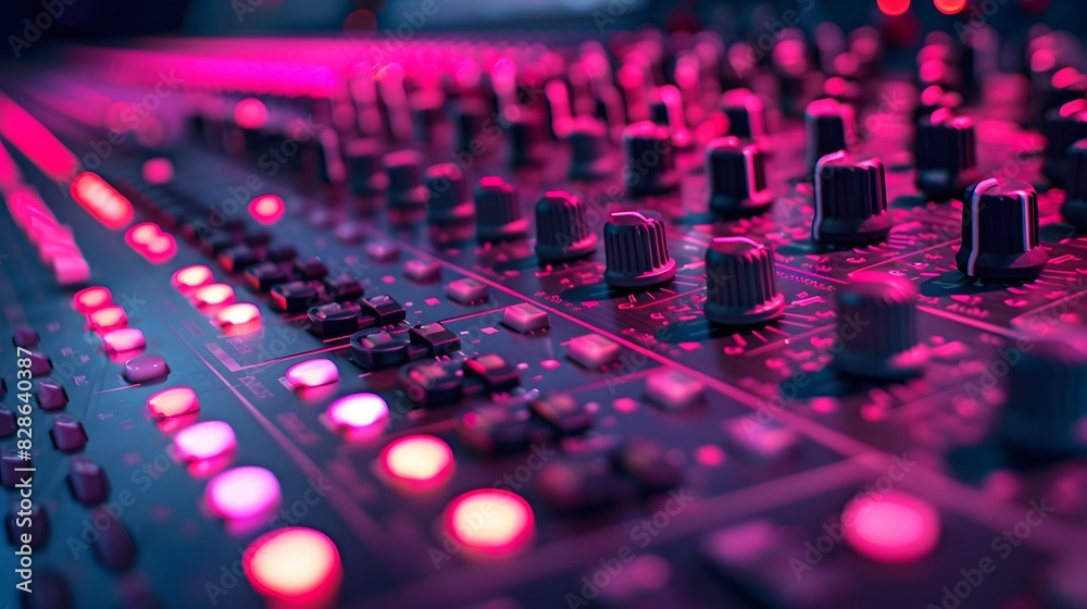 Fototapeta premium A closeup of the audio console, with vibrant pink and red lights reflecting off its surface.
