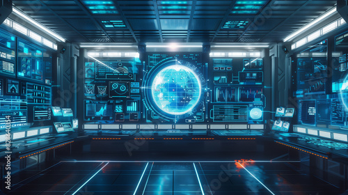 Fototapeta Naklejka Na Ścianę i Meble -  A futuristic room with a large screen showing a globe. The room is filled with computers and monitors, and the atmosphere is high-tech and advanced