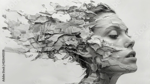 paper collage, white background, black and grey tones, a head of woman made from torn pieces of paper
