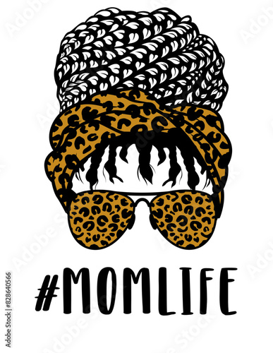 Braided Messy Bun Mom Life | Messy Hair | Afro Mom | Leopard Bandana | Black African Woman | Hair Style | Hai Braid | #Momlife | Original Illustration | Vector and Clipart | Cutfile and Stencil