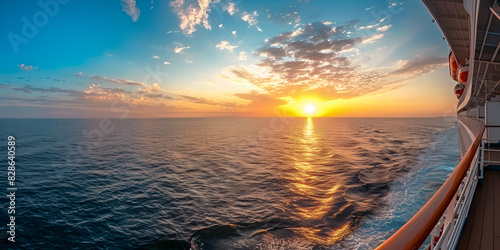 A view from a cruise ship at sunset at sea, summer vacation photo