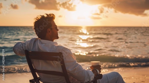 Man sitting on a wooden deck chair on a beach, watching the sunset over the ocean