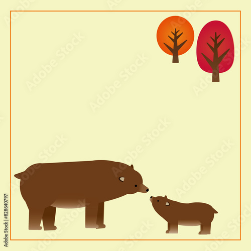 余白ありクマの親子と木のイラスト秋