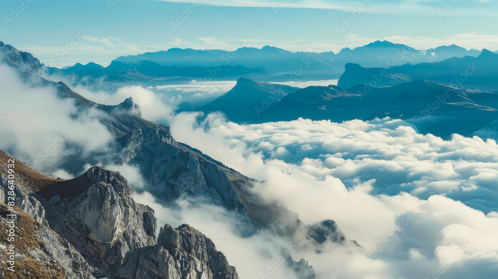 A serene mountainous scene with rocky peaks and valleys shrouded in clouds under a clear sky
