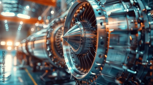 High-tech turbine engine in a factory setting, showcasing precision engineering and advanced industrial machinery components.