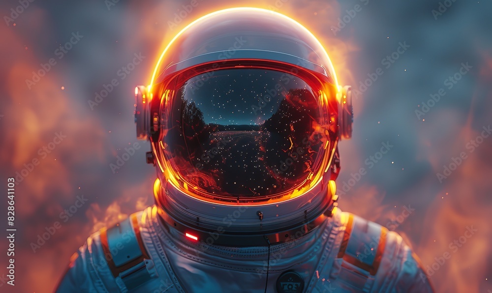 An astronaut wearing a glass helmet is hit by a yellow beam of light An astronaut wearing a glass helmet is hit by a yellow beam of light