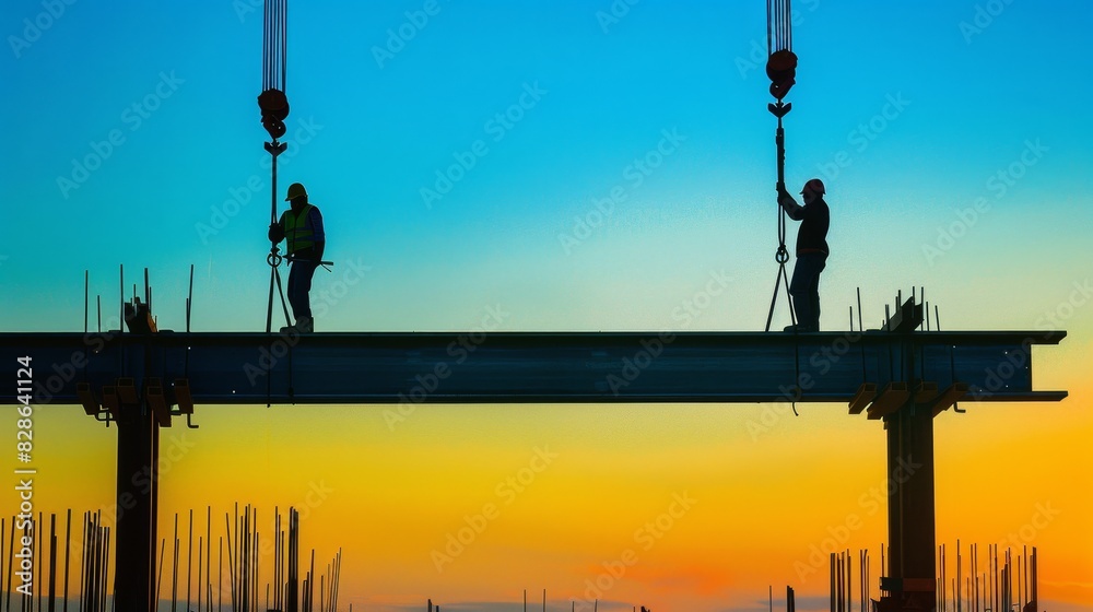 Obraz premium Silhouette of construction workers on a steel beam at sunset, with a crane lifting materials in the background.