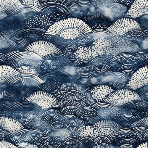 Wave watercolor blue and white abstract seamless pattern. Japanese traditional ornament indigo shibori seamless pattern.