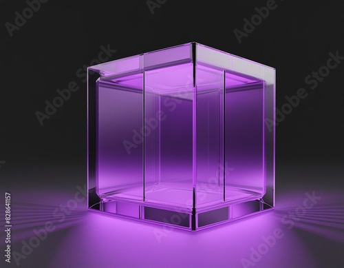 Purple glass cube abstract 3d render, on black background with copy space minimalism design for text or photo backdrop