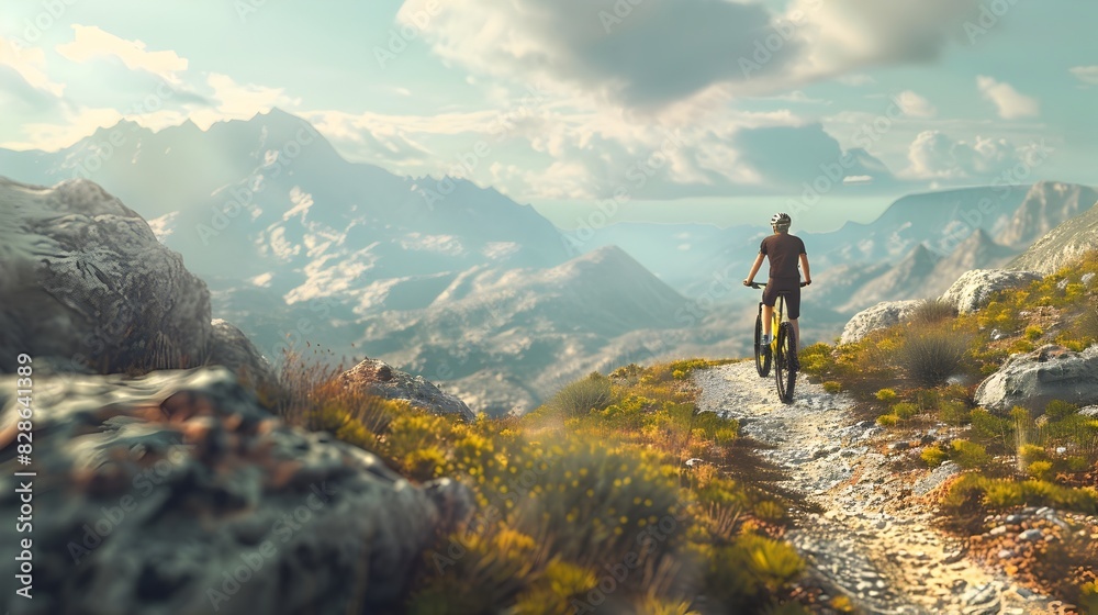 Fototapeta premium Cyclist's Rugged Mountain Trail Adventure: A 3D Rendering of Scenic Freedom