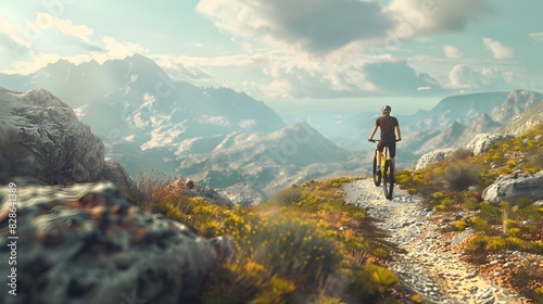 Cyclist's Rugged Mountain Trail Adventure: A 3D Rendering of Scenic Freedom