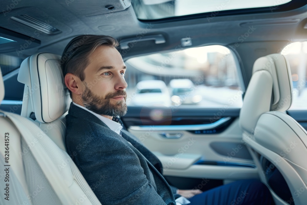 Man sitting in a modern autonomous vehicle with a spacious interior, showcasing advanced self driving technology and urban mobility innovation Man sitting in a modern autonomous vehicle with a spacious interior, showcasing advanced self driving technology and urban mobility innovation
