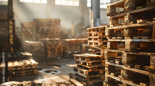 A large stack of wooden pallets in an industrial warehouse, ready for packaging and cargo transport. creating a warm atmosphere.
