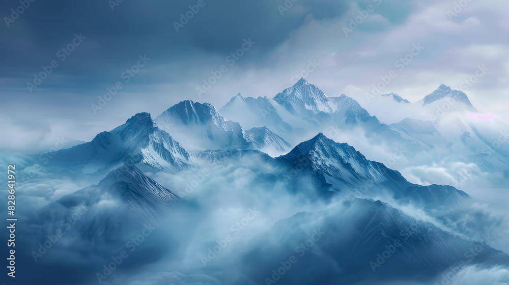 Snow-covered mountain peaks enveloped in mist under twilight, presenting a calm and serene blue atmosphere