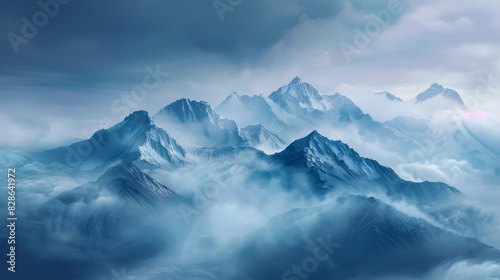 Snow-covered mountain peaks enveloped in mist under twilight  presenting a calm and serene blue atmosphere