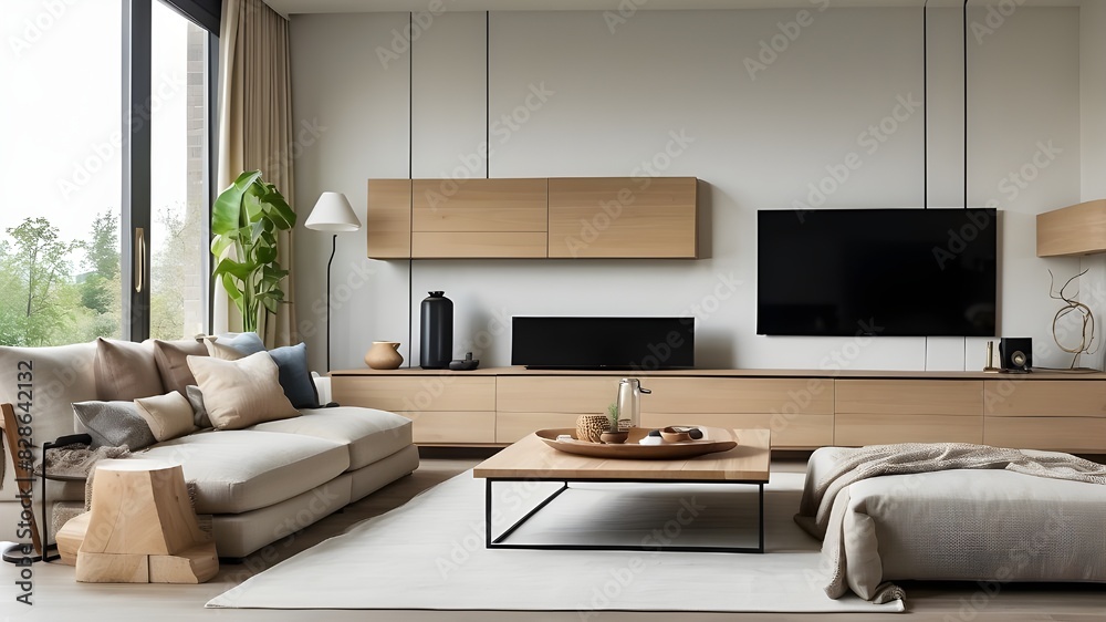 Modern living room with TV mounted on cabinet. Modern living room with TV mounted on cabinet.