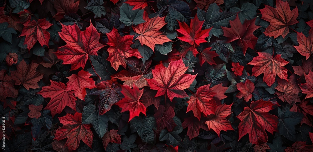 A background of piles of black and red Maple leaves A background of piles of black and red Maple leaves