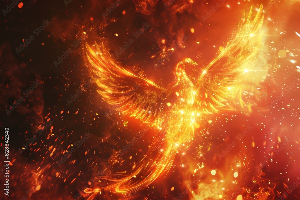 Majestic flaming phoenix firebird in fiery flames with sparkling ...