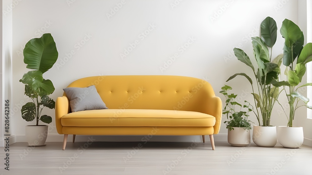 A vacant living room featuring a yellow sofa, plants, and a table against a blank white wall backdrop. A vacant living room featuring a yellow sofa, plants, and a table against a blank white wall backdrop.