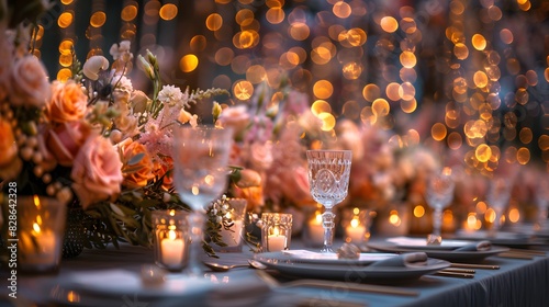 A long table was set for an elegant dinner, with silverware and crystal glasses arranged on grey linen, surrounded by soft candlelight creating a warm ambiance. photo